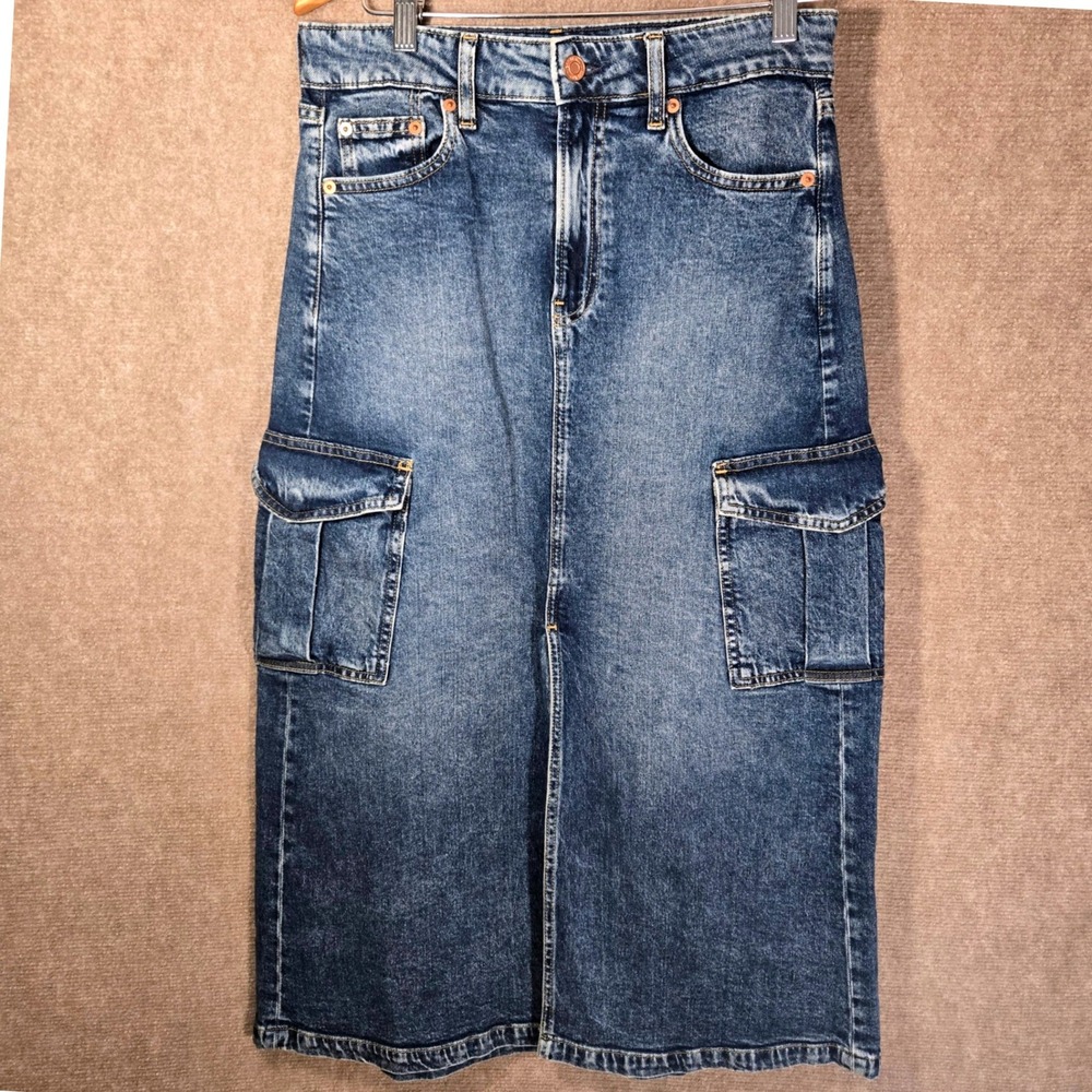 Gap Women Cargo Denim Midi Skirt Medium Indigo Blue Front Slit Size 27 4 Regular
